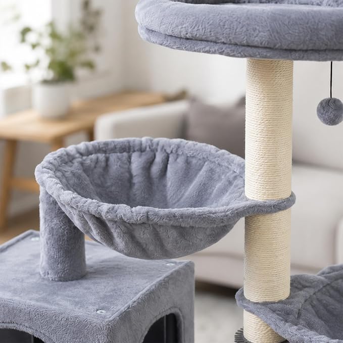 Smouatou Cat Tree with Cat Condo and Two Hammocks, Cat Tower with Scratching Posts and Scratching Pads Cat Toys, Grey