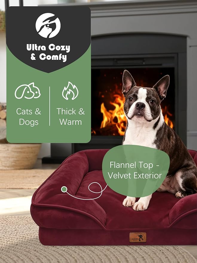 Spotted Play Orthopedic Dog Bed with Sides - Sofa Beds for Small Dogs, Supportive Foam Pet Couch Bed with Washable Removable Cover, Waterproof Lining and Non-Slip Bottom, Burgundy - S