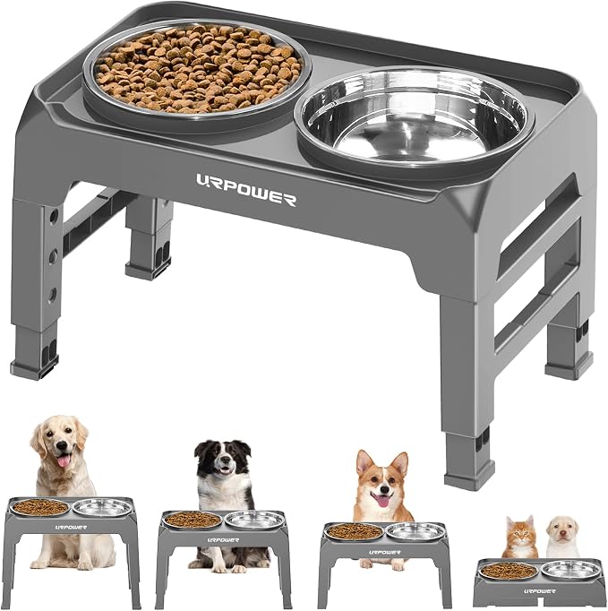 URPOWER Raised Dog Bowls 4 Height Adjustable Elevated Bowl Stand | Stainless Steel Water Bowl Non-Slip Dog Food Bowls Stand for Small Medium Large Dogs and Pets