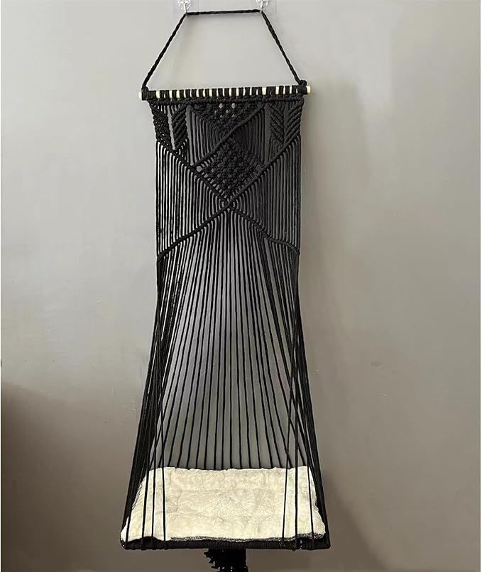 Macrame Hanging Cat Hammock Bed Cat Swing House Space Saving Window Perch with Washed Cotton Cats Toy Tassel Basket Tapestry (Black, Swing Bed+Cushion, L)