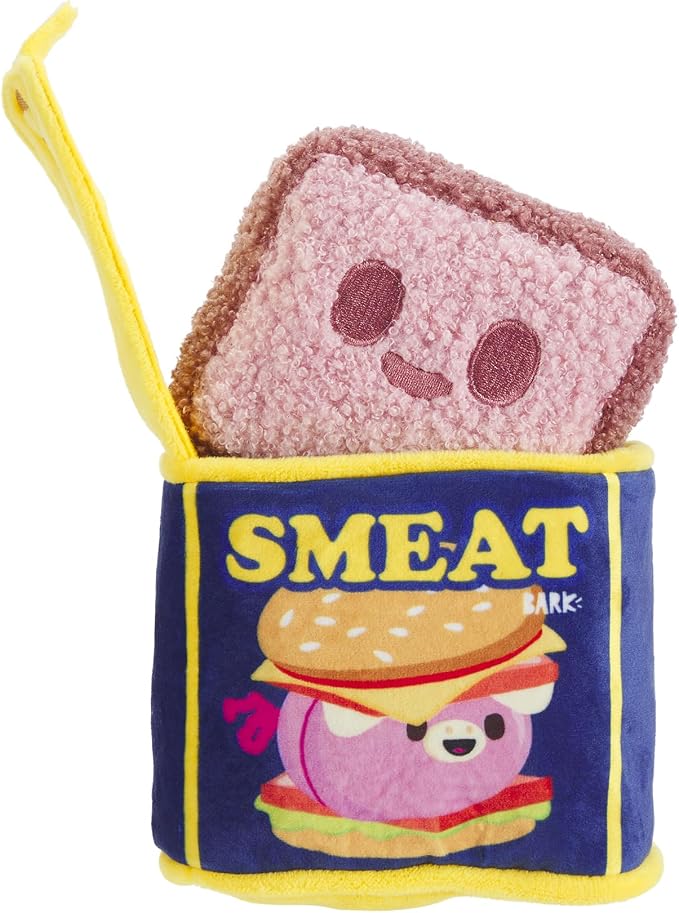 BarkBox Canned Smeat Dog Toy | 2-in-1 Plush Set with 2 Squeakers & Crinkle | Multi-Part Squeak Toy for Extra Small to Small Dogs
