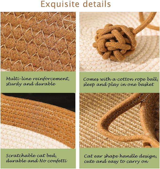 Handwoven Cotton Rope Cat Bed - Breathable & Easy to Clean, Foldable Scratchable Hammock with Cat Ear Design, with a Playing Ball for Kittens - Large Brown