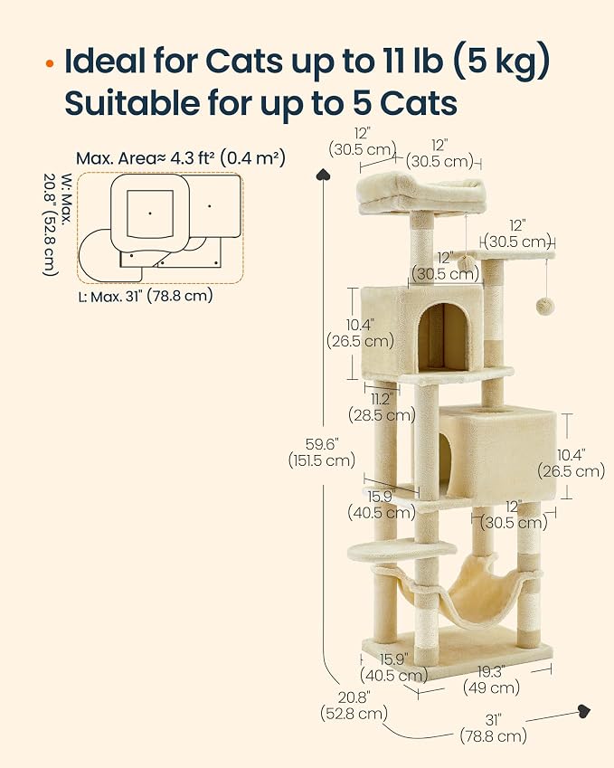 SONGMICS HOME Cat Tree for Indoor Cats, Multi-Level Cat Tower with Sisal Scratching Posts, Hammock and Condo, Beige
