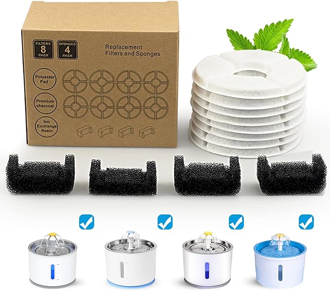 Cat Water Fountain Filter for Wonder-Creature 81 oz/2.4L Round Stainless Steel Top Cat Fountain, 8 Carbon Filters 4 Foam Filters Pack, Cat Fountain Replacement Filters