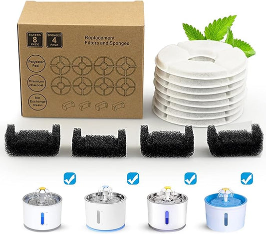 Cat Water Fountain Filter for Wonder-Creature 81 oz/2.4L Round Stainless Steel Top Cat Fountain, 8 Carbon Filters 4 Foam Filters Pack, Cat Fountain Replacement Filters