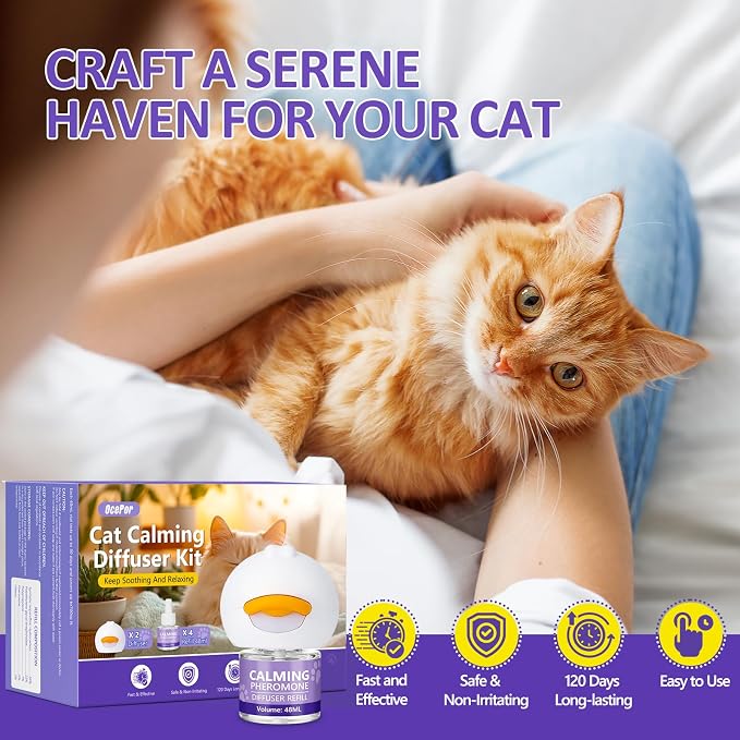 OcePor Cat Calming Diffuser,120-Day Pheromone Diffuser 4 Refills & 2 Plugs | Cat Pheromones Calming Diffuser Refill Kit for Pee Spraying, Aggression, Meowing & Scratching, Relieve Anxiety Stress