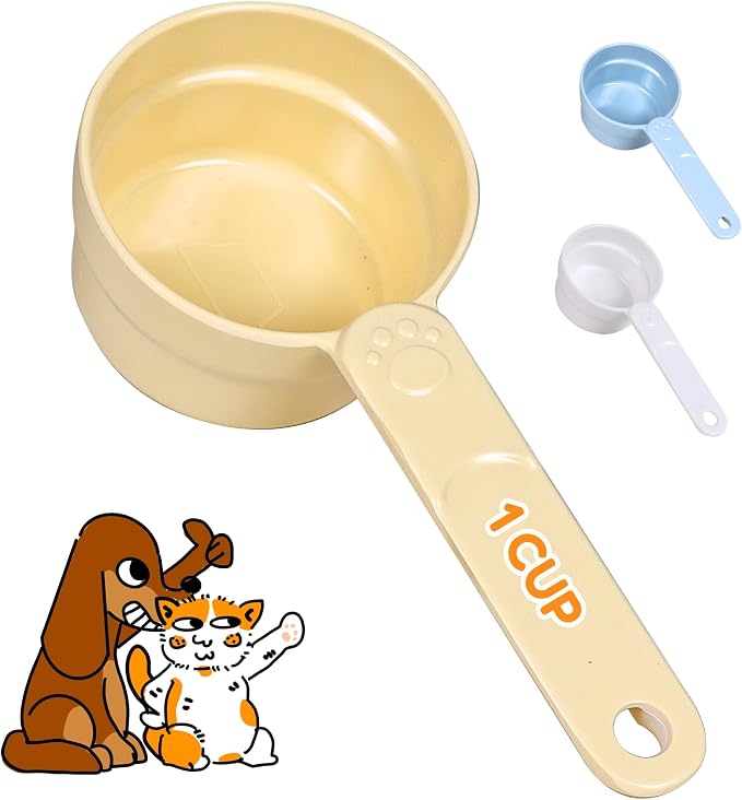 1 Cup Dog Food Scoop, Extra Long Handle Sturdy Melamine Pet Food Measuring Scoop with Clear Marking Lines, BPA-Free, Shatterproof, Dishwasher Safe (Butter Yellow, 1 Cup)