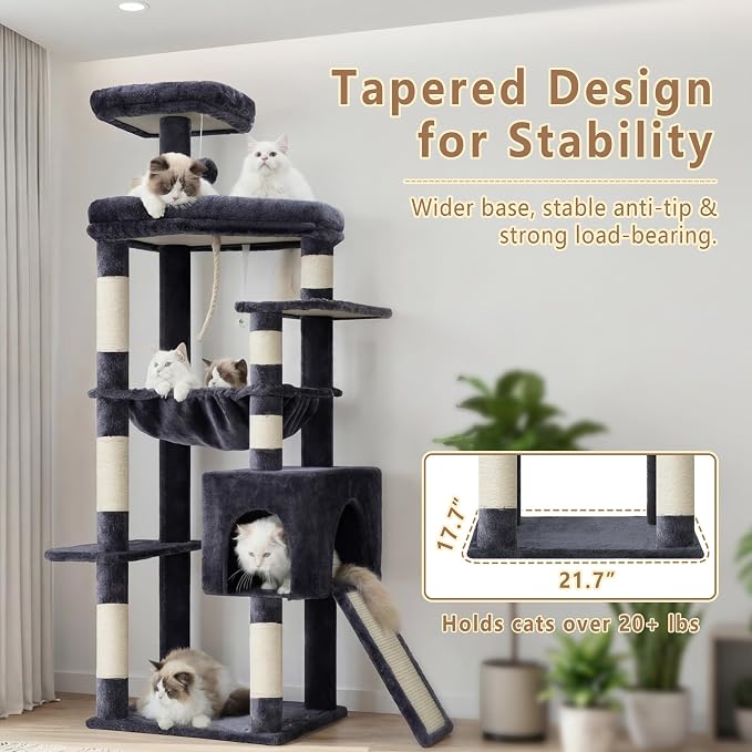 Heybly 64.2" Heavy-Duty Cat Tree for Large Cats with Wide Base HCT027G | Indoor Cat Tower with Scratching Posts & Board, Cat Furniture with Big Platforms, Extra-Large Hammock, Smoky Gray