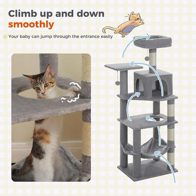 PEQULTI 56.3'' Cat Tree for Indoor Cats, Multi-Level Cat Tower with 2 Top Perch, Cat Condo, Hammock and Sisal-Covered Scratching Post