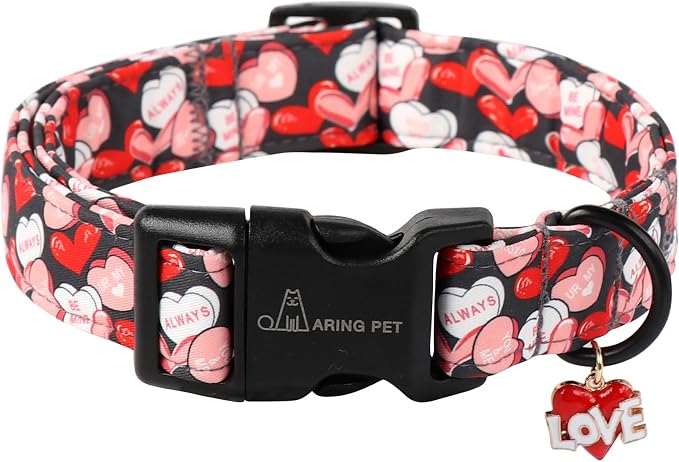 ARING PET Valentine's Day Dog Collar, Cute Black Red Heart Adjustable Valentines Pet Collars with Quick Release Buckle for Girl&Boy Dogs-S