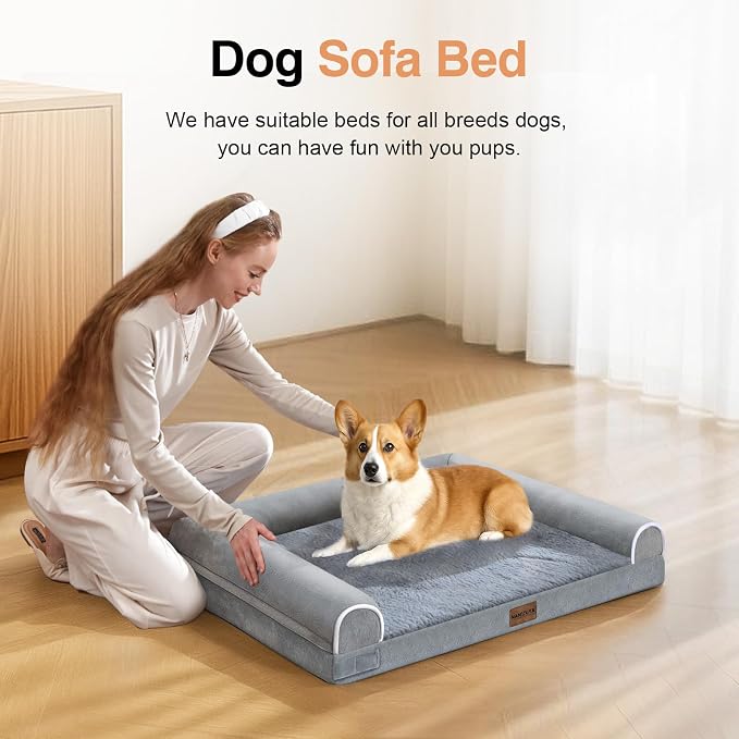 NANUYA Orthopedic Dog Bed for Medium Dogs, 30 x 20 Inch, Light Grey | Egg crate foam for joint support, 3-sided bolster pet sofa, waterproof lining, washable cover, and non-skid base