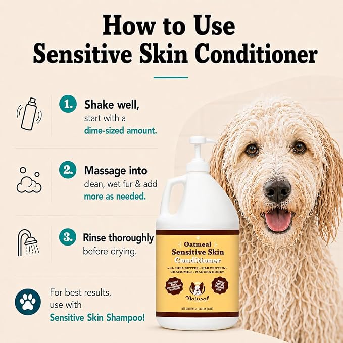 Natural Dog Company Sensitive Skin Dog Conditioner – Oatmeal Moisturizing for Sensitive & Itchy Skin, Detangling Grooming Formula for Long Haired Dogs, with Manuka Honey & Chamimile, 128 oz