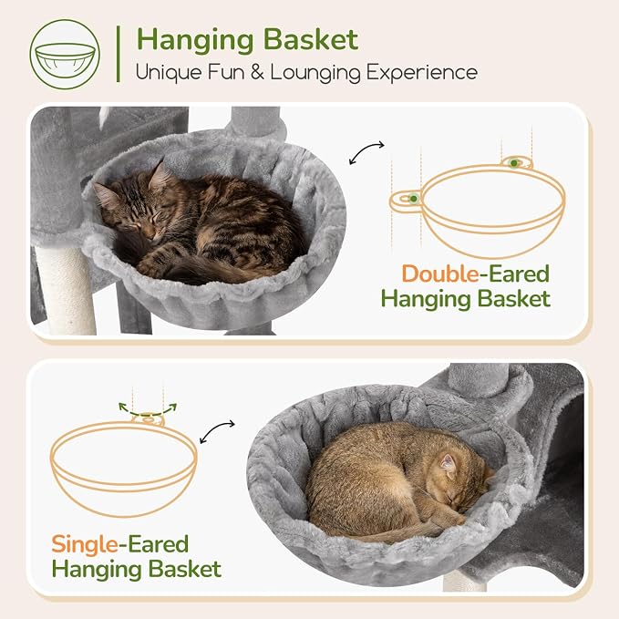 Globlazer Tall Cat Tower Extra Large Cat Tree House, S77D, Light Grey | 77 inch Cat Climbing Tower for Indoor Cats Large Adults with 5 Scratching Posts, 2 Cat Condos, 2 Platforms