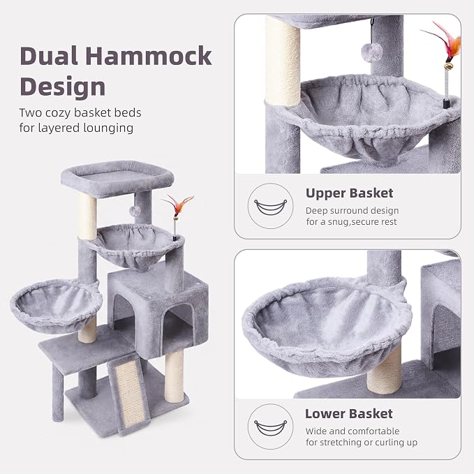 Cat Tree with Cat Condo and Two Hammocks, Cat Tree with Scratching Posts and Scratching Pads, Cat Tower for Indoor Cats, Activity Centre Climbing Tree with Playful Toy Balls, Grey