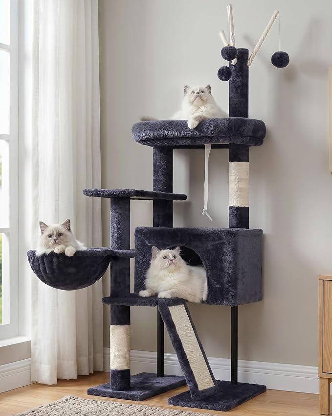 Cat Tree Tower for Indoor Cats, Top Platform with Toy, GCT006SG | 49.2 inch Cat Condo House, Sturdy Base, Scratching Post & Board, 3 Balls, Hanging Basket, Small Cats and Kittens, Drak Gray