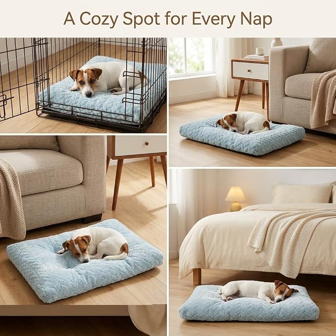 24 Inch Dog Crate Bed for Small Dogs, Washable Dog Crate Pad for Dog Cages, Soft Jacquard Flannel Kennel Mat with Anti-Slip Bottom, Fluffy Crate Mat for Puppies and Small Dogs,Washed Blue