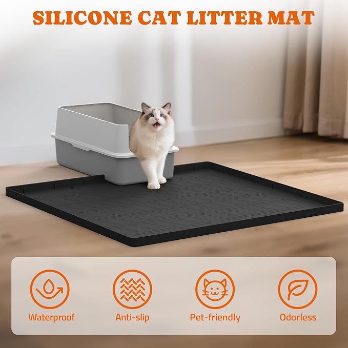 Pawtners Silicone Cat Litter Mat 34 x 22 in, Easy to Clean | Non-Slip Kitty Litter Mat for Floor, Waterproof & Urine-Proof Cat Litter Mat Litter Trapping Mat, Soft on Kitty Paws