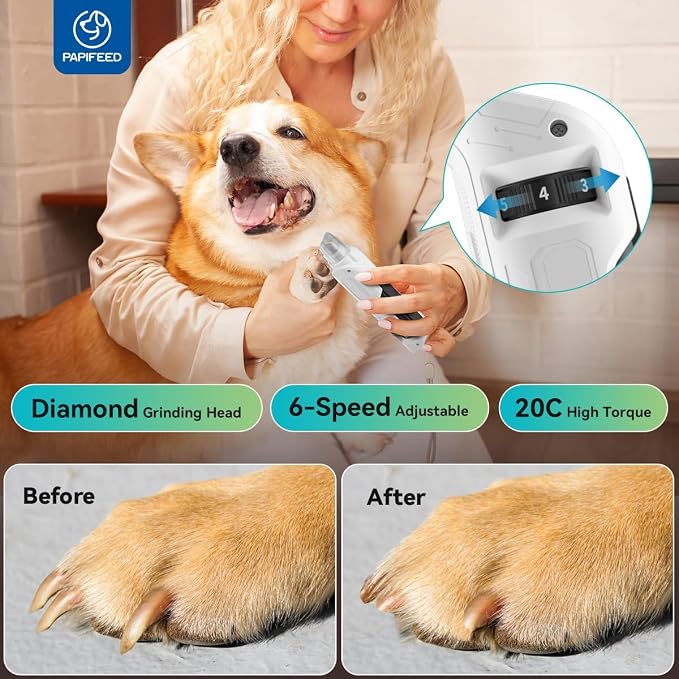 PAPIFEED Dog Nail Grinder, Pet Nail Grinder with 6 Speeds Quiet Motor, LED Light and Dust Collection, Rechargeable Dog Nail Trimmer for Small Medium Large Dogs Cats, Type-C Grooming Kit