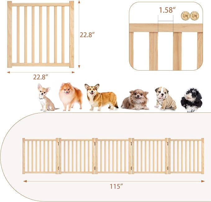 YOCAN Non-Painted Wooden Freestanding Dog Gates for The House, Doorways, Stairs,Wood Pet Fences Indoor Pet Gate,Step Over Fence-5 Panels L:115" H:23"