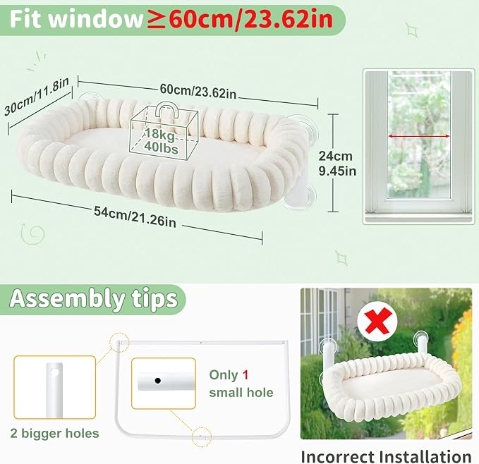 Sunhoo Foldable Cat Window Perch, Large Suction Cup Kitty Hammock, White | Windowsill Pet Bed for Cats Inside, Cordless Kitten Seat Supports 40 lbs, Soft Reversible Plush Cushion, Machine Washable