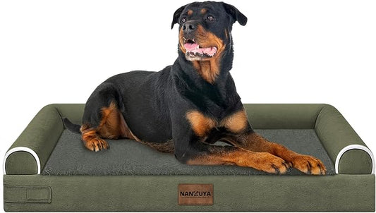 NANUYA Orthopedic Dog Bed for XX-Large Dogs, 44 x 34 Inch, Dark Green | Egg crate foam for joint support, 3-sided bolster pet sofa, waterproof lining, washable cover, and non-skid base