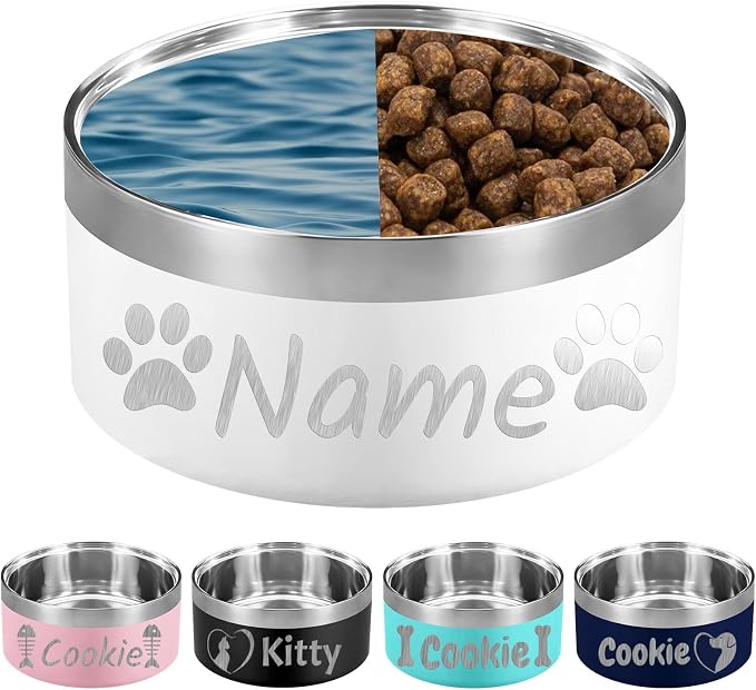 42OZ Personalized Dog Bowl Laser Engraved Custom Pet Name 18/32/42/64 oz No Slip Stainless Steel Insulated Bite-Resistant Food Water Dishes-White