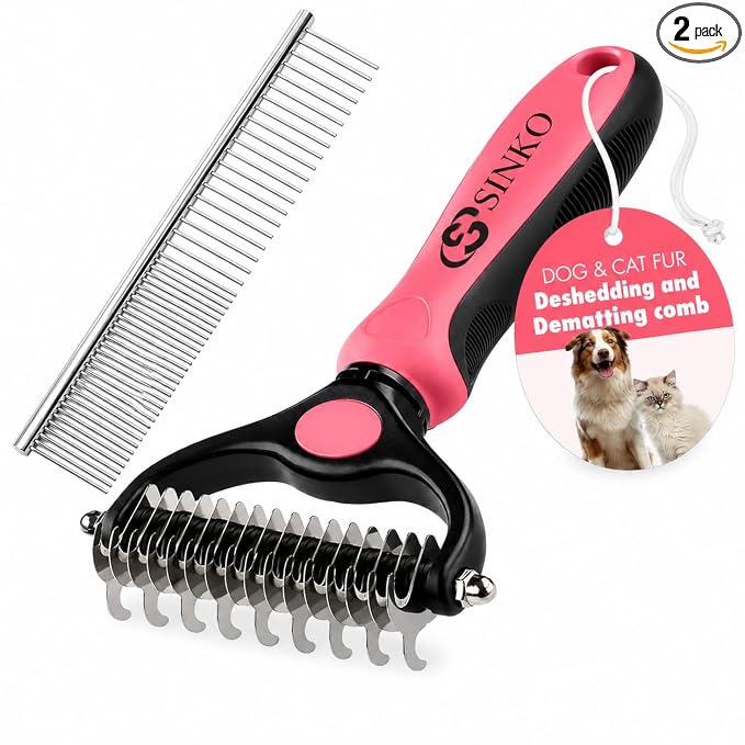Sinko Shedding Brush for Dog and Cat, Undercoat Rake & Comb with Extra-Wide Double-Sided Stainless Steel Teeth for Deshedding, Brushing, Removing Loose Fur, Knots, Mats & Tangles in Pets (pink)