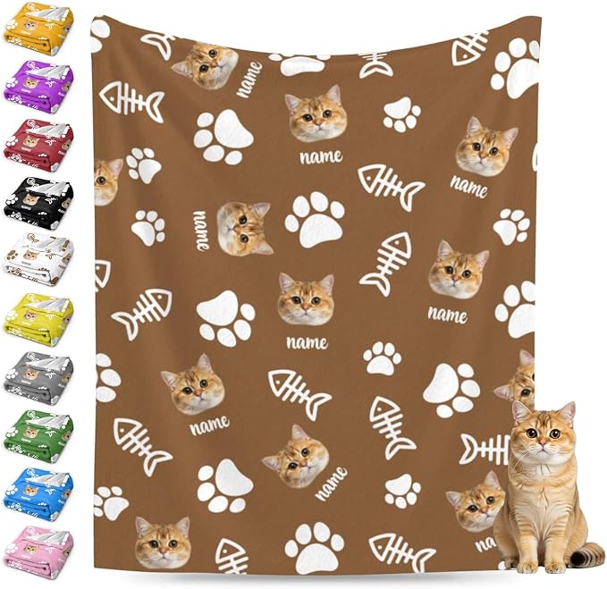 Nxwdwqa Personalized Cat Face Blanket Throws with Photos, Custom Pet Face Blanket, Cat Gifts for Pet Lovers, Customized Puppy Blanket for Adult Kid Birthday Christmas Fathers Mothers Valentines Gift
