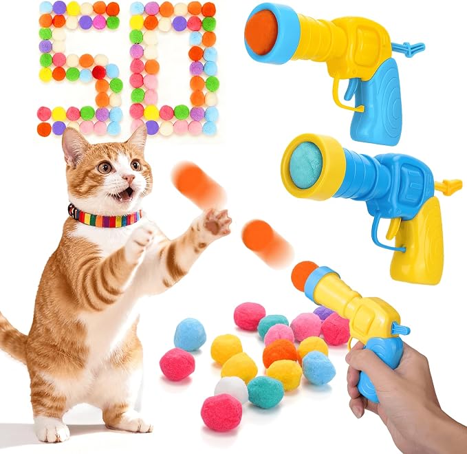Mity rain 52PCS Cat Ball Launchers & Pom Pom Balls Interactive Cat Toy Set – Safe Soft Plush Kitten Toys for Indoor Cats, Fun Kitten Toys for Endless Active Play