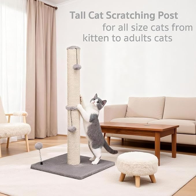 MECOOL 34“ Tall Cat Scratching Post Premium Basics Kitten Scratcher Sisal Scratch Posts Trees with Hanging Ball for Indoor Cats, Gray