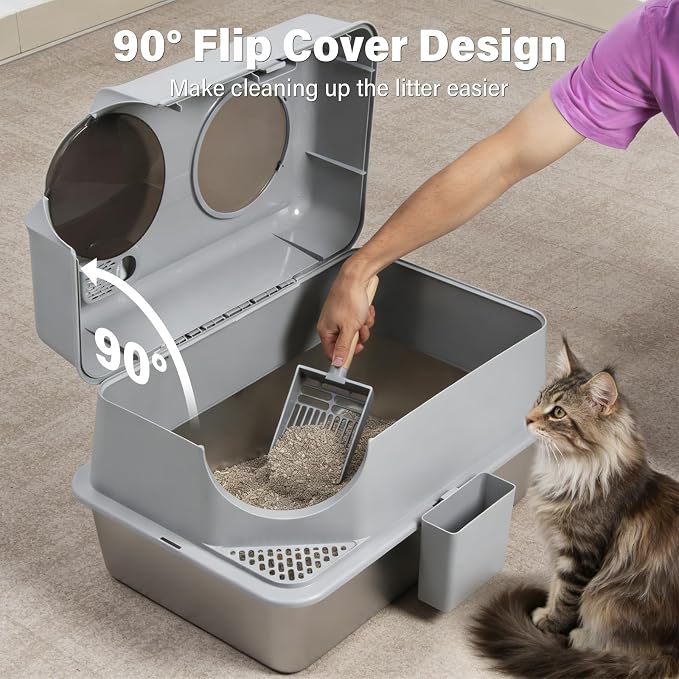 Stainless Steel Litter Box with Lid, XL Large Enclosed Cat Litter Box | Metal Cat Litter Box for Big Cats with High Sided,Anti-Leakage,Front & Top Entry,Includes Mat & Scoop