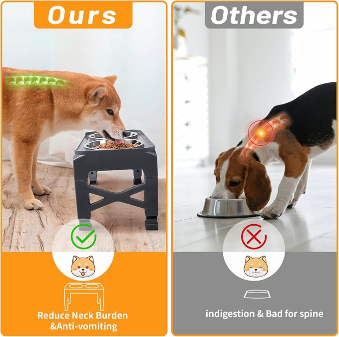 Hubulk Elevated Dog Bowls with 2 Stainless Steel Dog Food & Water Raised Bowls with No Spill Edge Non-Slip Stand Adjusts to 3 Heights(2.75", 6.0", 7.5") for Small Medium Dogs and Pet