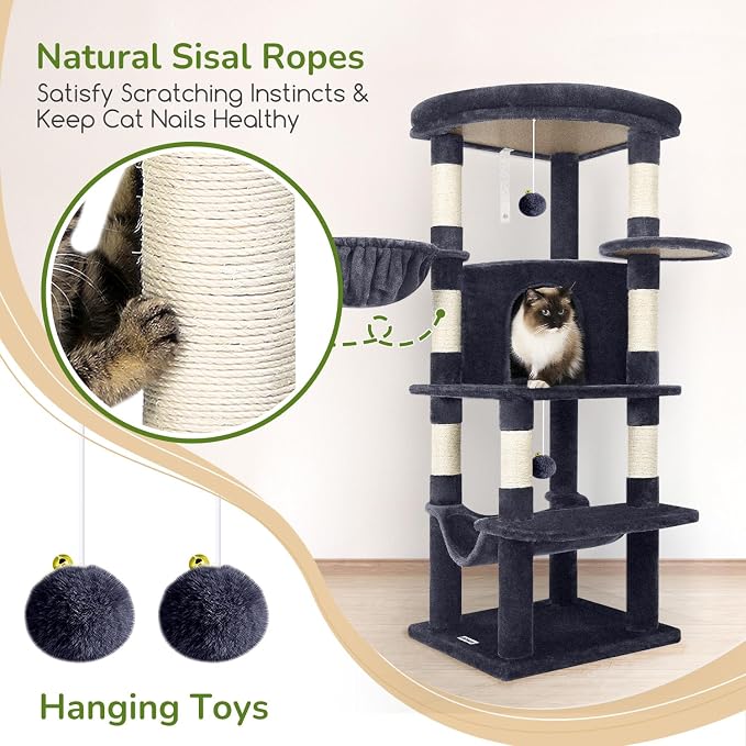 Globlazer Corner Cat Tree Tower with Scratching Post, C51, Dark Grey | 51in Space-Saving Multi-Level Cat Condo for Indoor Cats with Hammock, Large Top Perch for Large Cats, Cozy Cat Cave