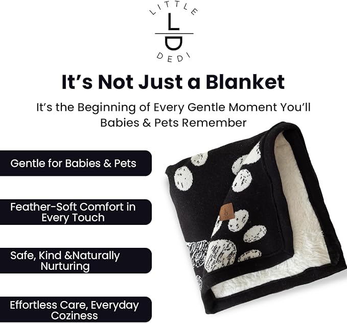 Small Pet Blanket - GOTS Certitied 100% Organic Cotton, Double Layer Plush Sherpa, Beige Jacquard Paw Knit, 30"x40", Ideal for Small Dogs and Cats - Soft and Warm