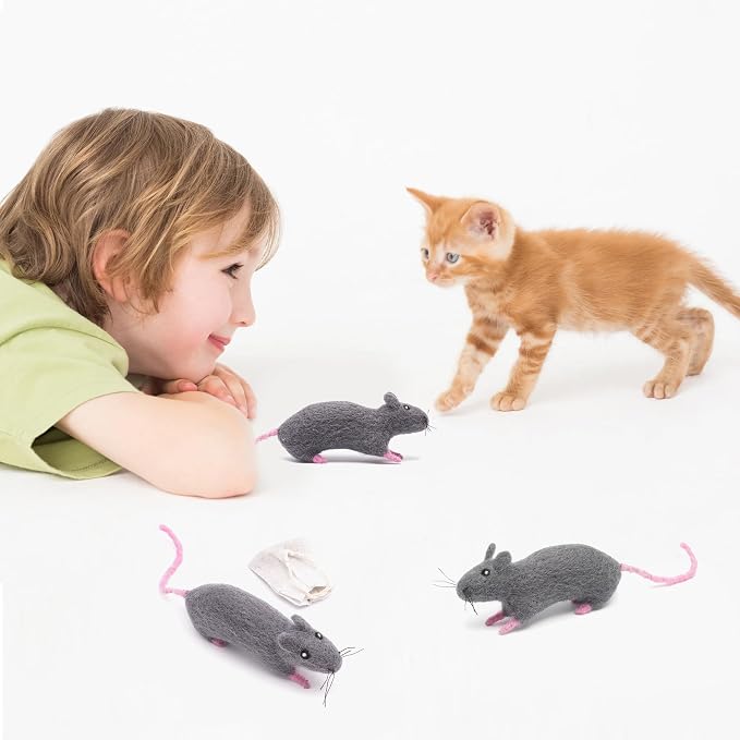 Glaciart One Felt Cat Rat Toy – Soft Fuzzy Enrichment 100% Natural Wool - Interactive Catnip Play Cat Toy Set - Safe for Pets, Non-AZO Colored Dyes