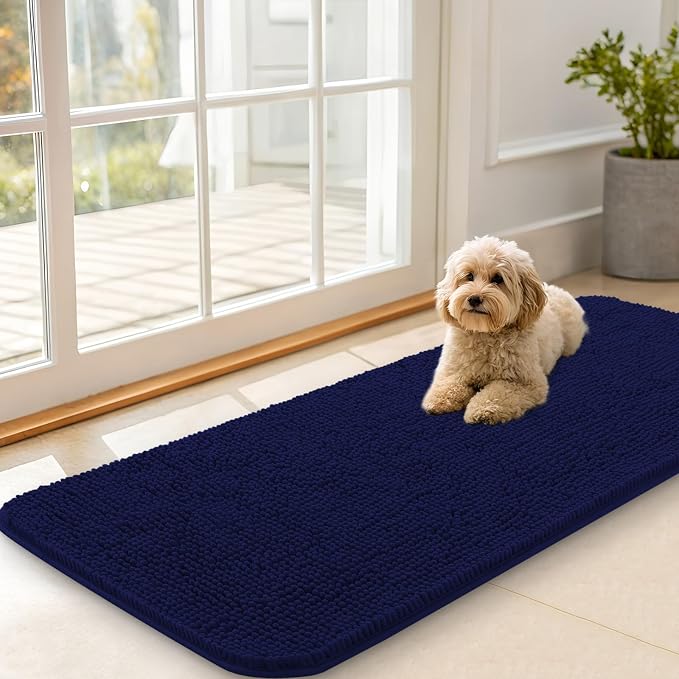 OLANLY Dog Door Mat for Muddy Paws 47x20, Super Absorbent Chenille Mud Mat | Navy Blue, Absorbs Moisture and Dirt, Non-Slip Machine Washable Doormat, Quick-Drying Indoor Entryway Floor Carpet for Dogs