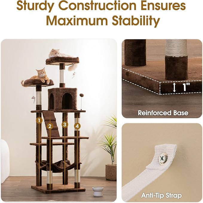 MWPO 70.1-Inch Large Cat Tree, Multi-Level Tall Cat Tower for Indoor Cats, Plush Cat Condo with Big Padded Perches, Sisal-Covered Scratching Posts, Hammock, Toys for Kittens & Cats - Brown