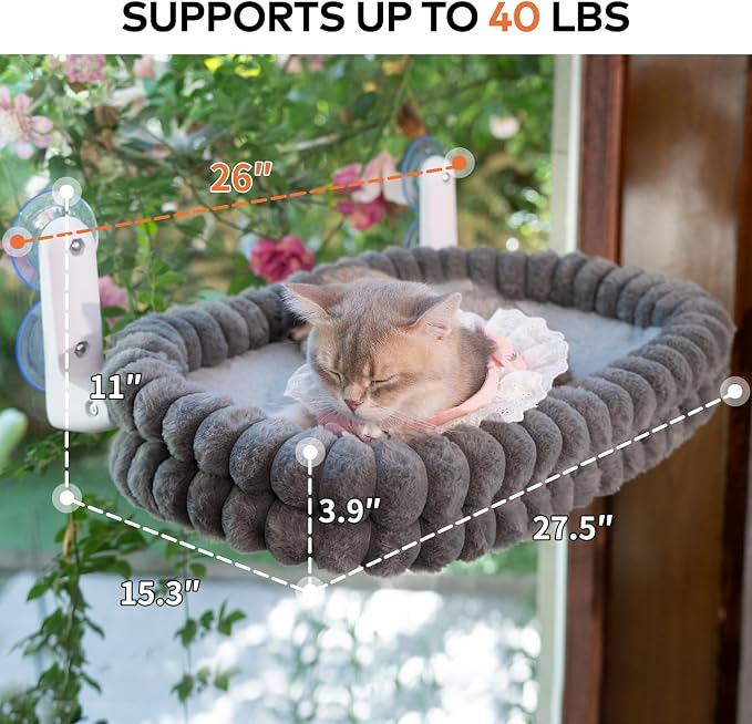 CHEERPALS Cloud Cat Window Perch for Indoor Cats Hammock Bed Foldable | Reversible Cushion Removable Washable, Breathable Soft All-Season, Sturdy Strong Suction Cups Support, Cordless(Grey,Large)