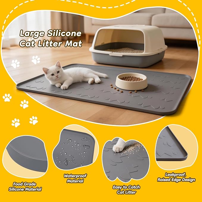Extra Large Silicone Cat Litter Box Mat 40" x 28", Waterproof & Urineproof | Litter Trapping Mat, Soft on Kitty Paws & Easy to Clean for Floor, Non-Slip Litter Pad for Indoor Cats