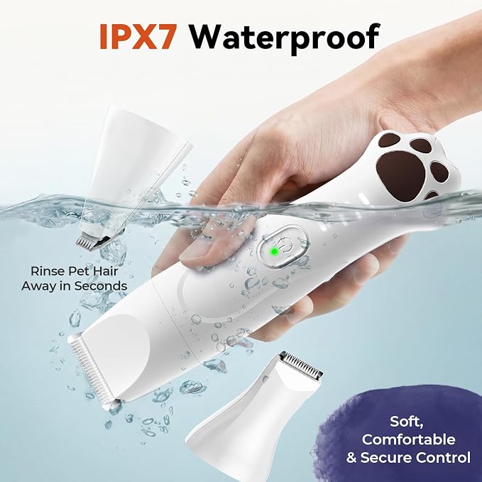 4-in-1 Dog Clippers for Grooming Kit - 45dB Quiet 150-Min Run Non-Slip Grip | Cordless Rechargeable IPX7 Waterproof Hair Paw Trimmer & Nail Grinder Pet Shaver at Home Razor for Dog & Cat, White Veeconn