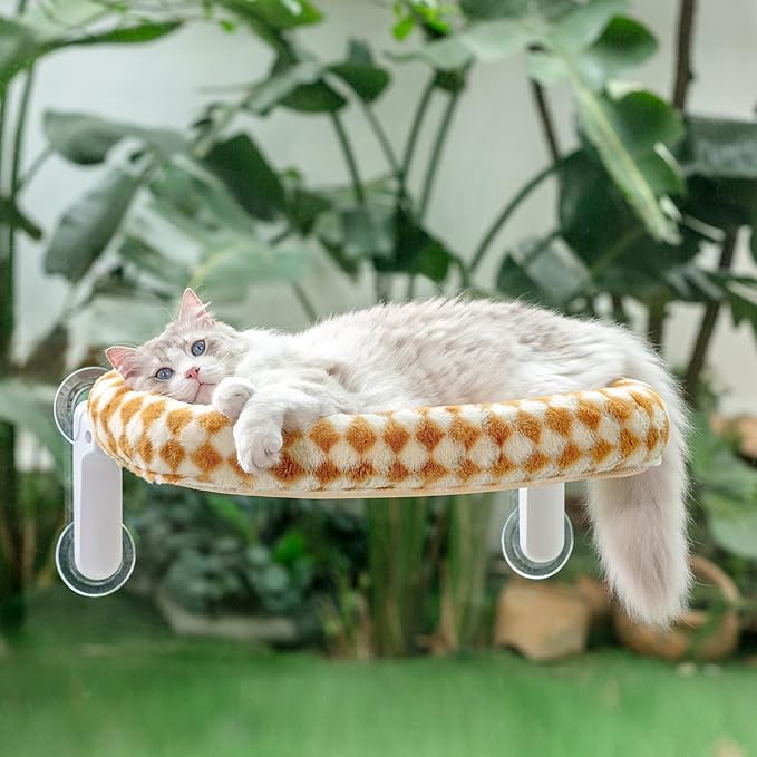 Sunhoo Foldable Cat Window Perch, Large Suction Cup Kitty Hammock, Brown | Windowsill Pet Bed for Cats Inside, Cordless Kitten Seat Supports 40 lbs, Soft Reversible Plush Cushion, Machine Washable