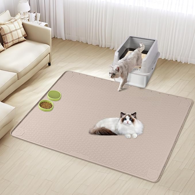 Silicone Cat Litter Mat for Litter Box 57”x40” Large Cat Mat, Khaki | Waterproof, Non-Slip, Leak-Proof Rug Mat with Lip, Easy to Clean, Extra Large Litter Catcher Mat for Floor