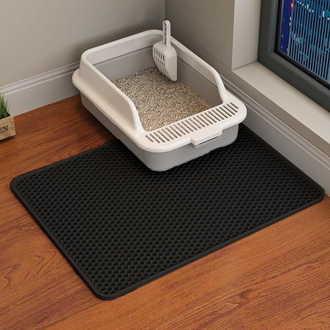 HCY&WLD Cat Litter Mat, Double Layer Cat Litter Box Mat (24x18 Inch, Black) | Waterproof Urine-Proof Non-Slip Litter Trapping Mat, Soft on Kitty Paws, Scratch-Resistant, Scatter Control, Easy to Clean