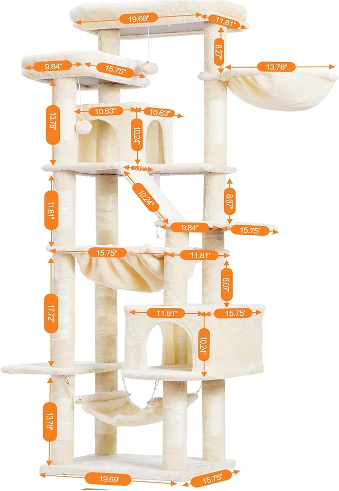 Heybly Cat Tree, 71-Inch-Tall Tower for Indoor Cats with 2 Perches HCT034M | Large Cat Furniture with 2 Big Condos, 2 Hammocks, Basket, Scratching Pad, Multi-Level Cat Condo, Beige