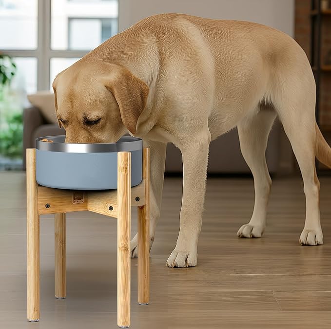 Dog Bowl Stand for Large Dogs - Adjustable, Easy Fold-Down | Use to Elevate Raise Dog Food, Water and Slow Feeder Bowls, Lock-Bolts and Tool Added, Foot-Padded, Bamboo Stand Only