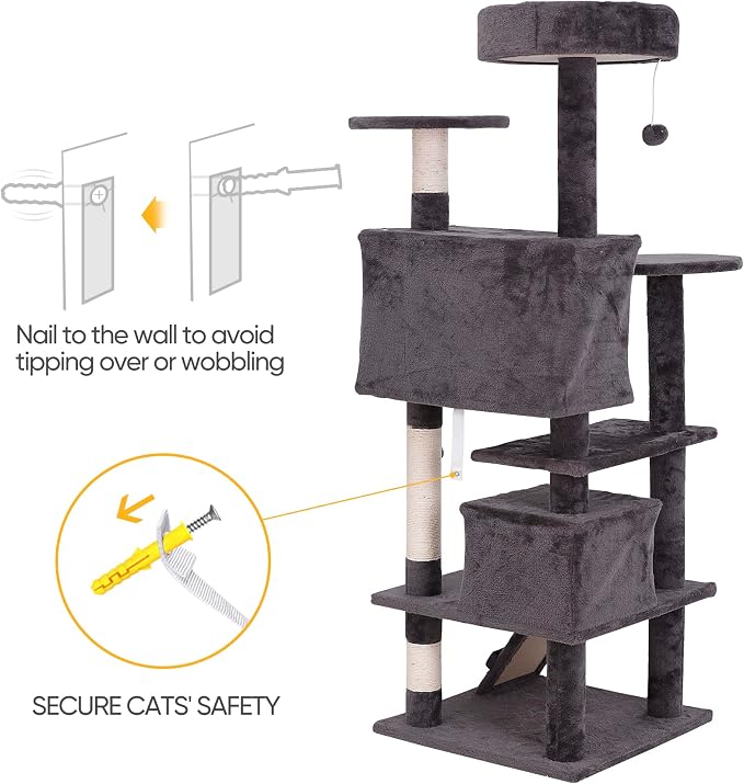 ZENY 54 Inch Cat Tree, Indoor Cat Tower Condo, Multi-Level Cat House with Sisal-Covered Scratching Post + 2 Play House, Pet Cat Furniture, Grey