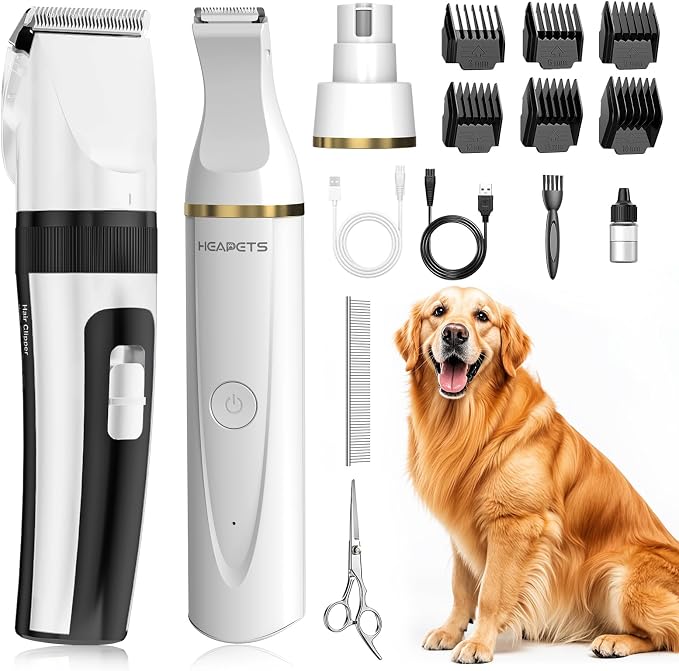 HEAPETS Dog Hair Clippers for Grooming Kit and Dog Paw Trimmer Nail Grinder for Grooming, Low Noise Rechargeable Cordless, Shaver Grooming Supplies for Pet Cats Dogs, White
