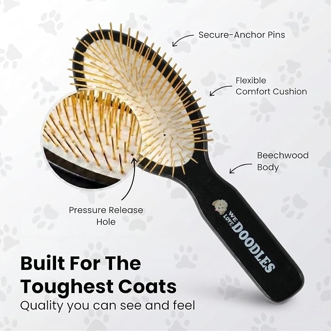 We Love Doodles Pin Brush for Dogs, Pet Grooming Detangler Pin Dog Brush, Dog Brush for Shedding and Removing Loose Fur, Lightweight Beech Wood (Gold Pins)