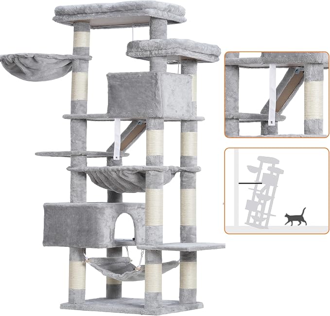 Heybly Cat Tree, 71-Inch-Tall Tower for Indoor Cats with 2 Perches HCT034W | Large Cat Furniture with 2 Big Condos, 2 Hammocks, Basket, Scratching Pad, Multi-Level Cat Condo, Light Gray