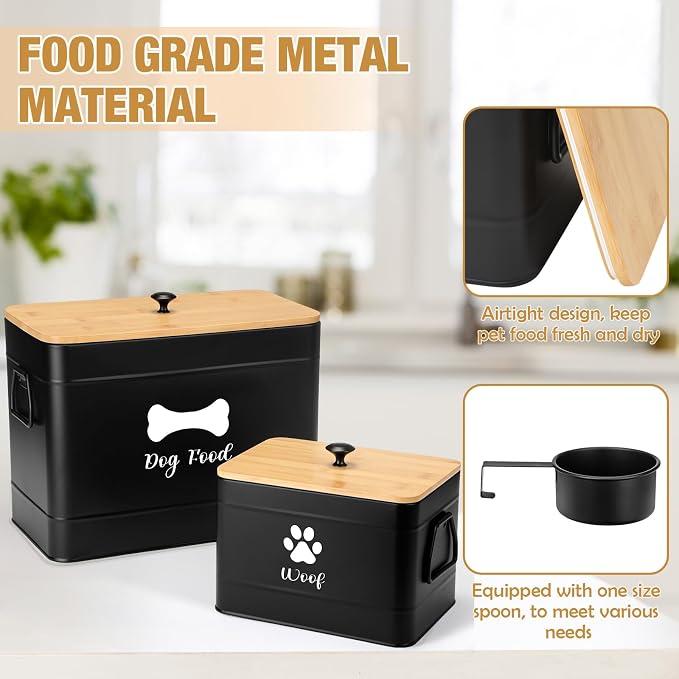 Newtay 2Pcs Extra Large Metal Dog Food Containers Airtight 12 & 3.5 Lbs Dog Treat Snack Jars Set of 2 with Bamboo Lids and Spoons Farmhouse Big Pet Cookie Storage Jars for Kitchen Counter Gift(Black)